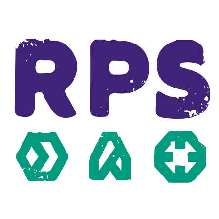 The image features three large, bold letters "R," "P," and "S" in a dark purple color, arranged horizontally against a black background. Below the letters are three distinct green geometric shapes: the first resembles a hexagon with diamond-like cutouts inside, the second is a stylized triangular shape with a vertical line bisecting it, and the third is a circular shape with an inward-pointing cross design. The overall appearance is slightly distressed with some rough, worn textures on the letters and shapes.